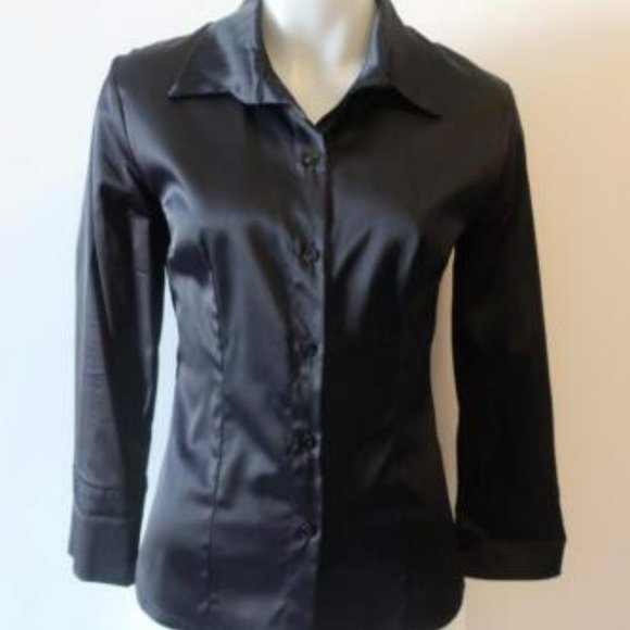 WOMENS NATACHA PARIS BLACK SATIN BUTTON BLOUSE TOP S * - Picture 2 of 4